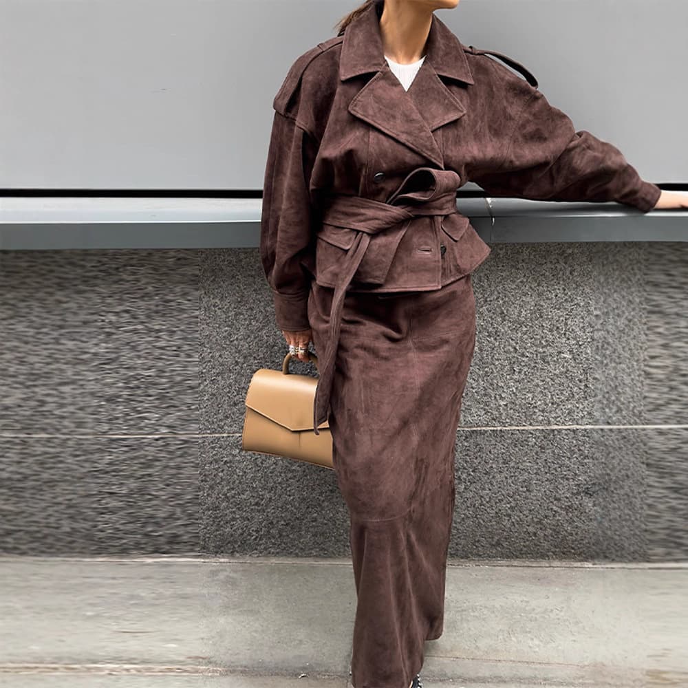 Women's Retro Suede Notch Collar Short Trench Coat & Midi Skirt Set - Autumn Casual Office Wear, Comfortable & Stylish (Brown, S/M/L)