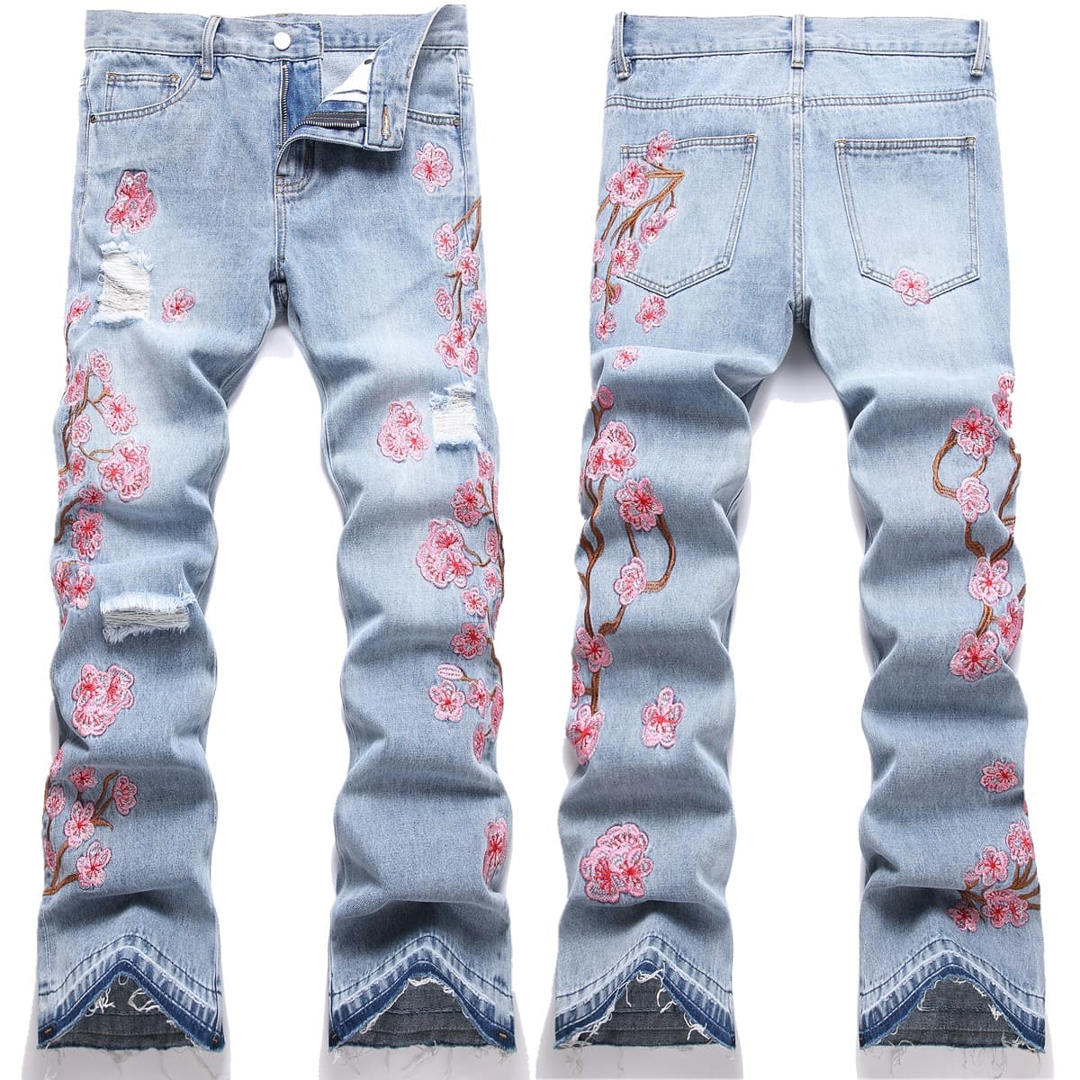 Jean évasé pour homme, style rétro années 70, taille haute, jambes larges, avec motif brodé de fleurs de prunier - Bleu clair