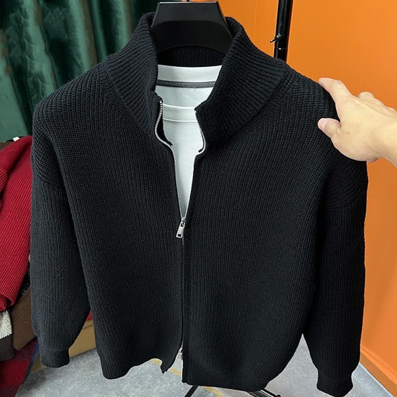 ​​Korean-Style Stand Collar Cardigan – Dual-Zip Slim Fit Knit Sweater For Men (Anti-Pill Polyester Blend, Jacquard Detailing, M-3XL)​​