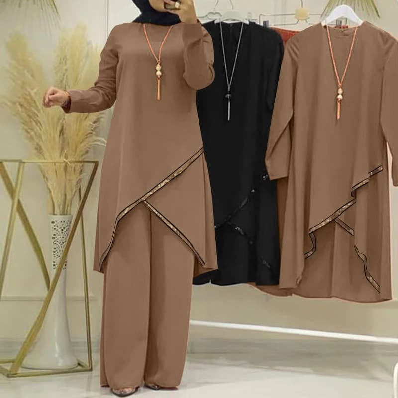 Women's two-piece long-sleeved O-neck long-sleeved shirt wide-leg pants suit casual women's suit