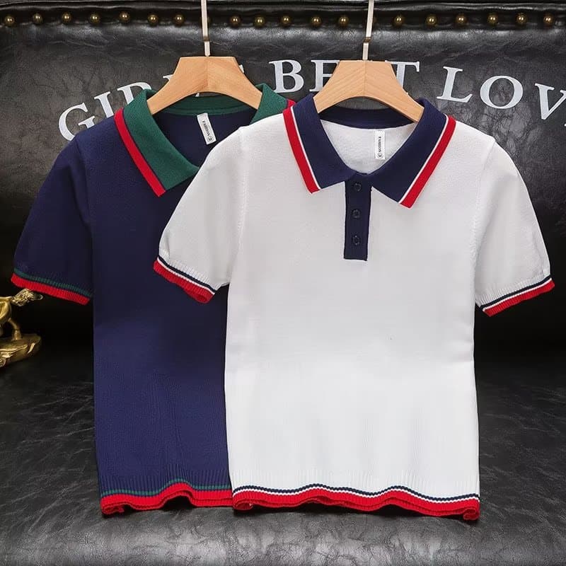 Men's Clothing Colorblock lapel T shirt men's short sleeved summer ice silk Polo shirt style all match knitted half sleeved T shirt