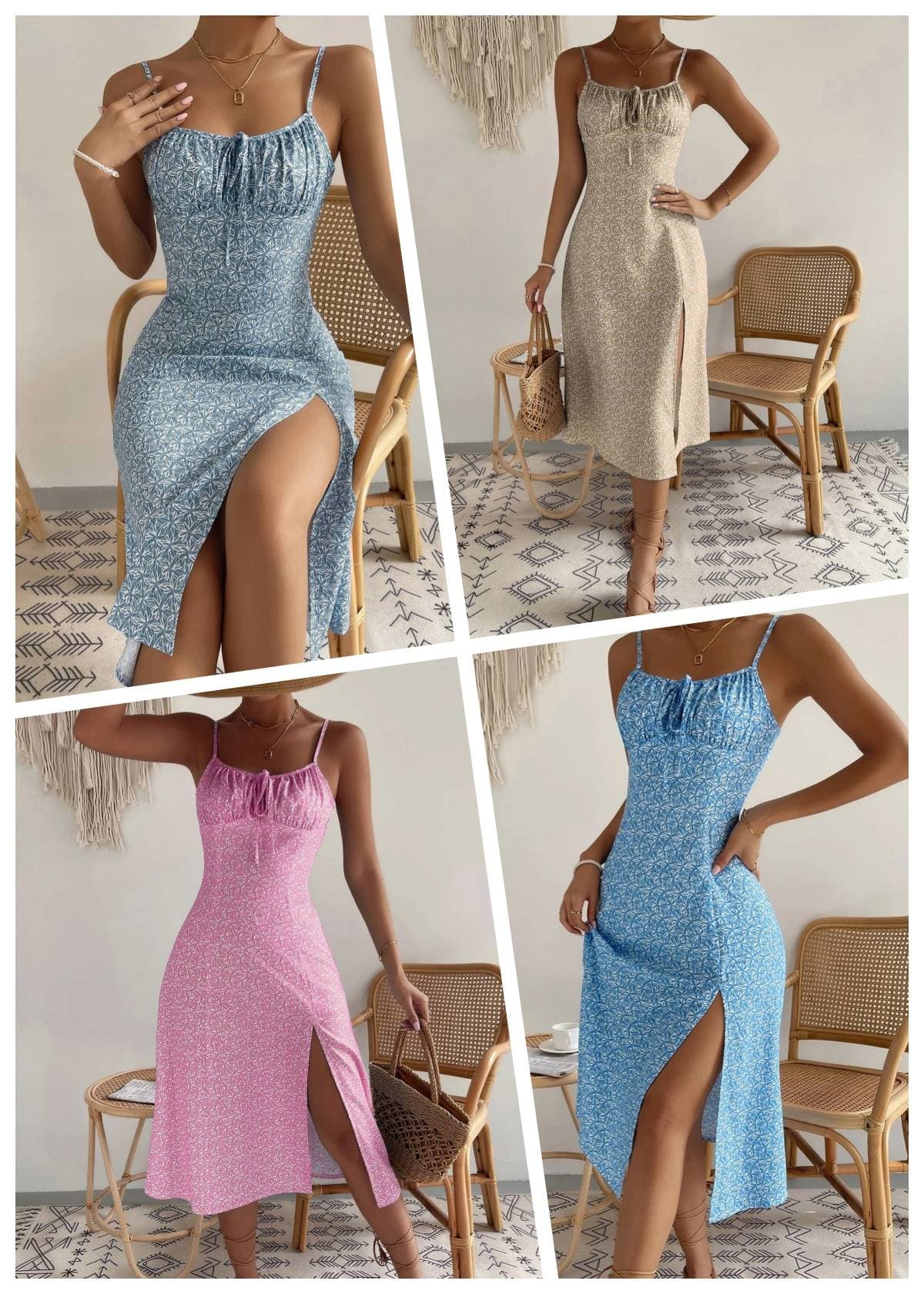 Print Split Pleated Print Zipper Single Dress