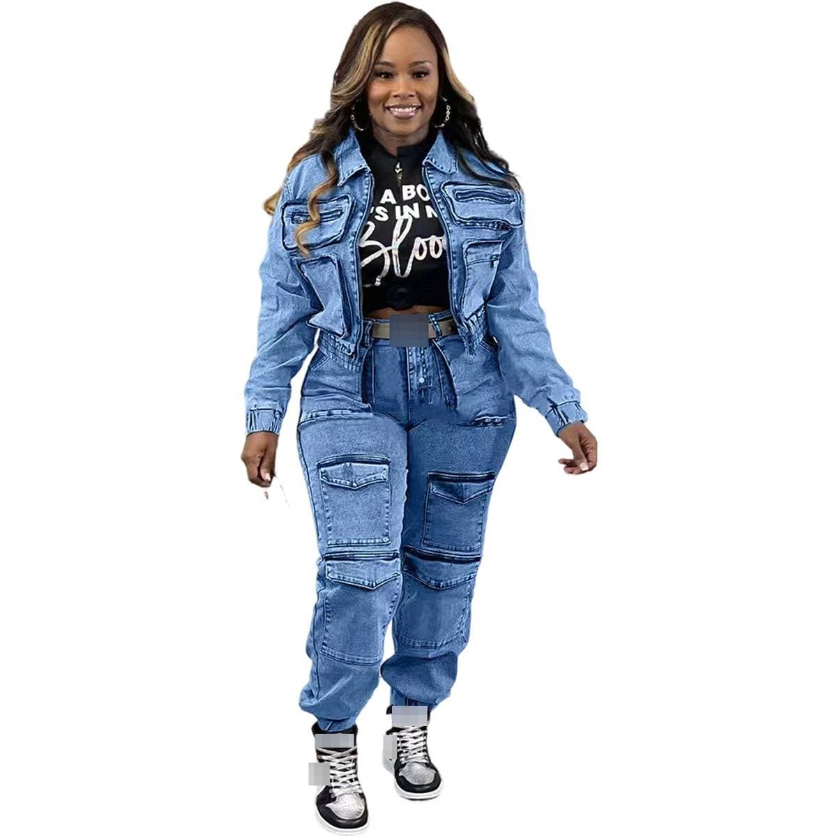 Women's Stretch Denim Two-Piece Set – High-Waisted Utility Pants & Cropped Jacket (Polyester Blend, S-XXL) For Street Style & Office Wear