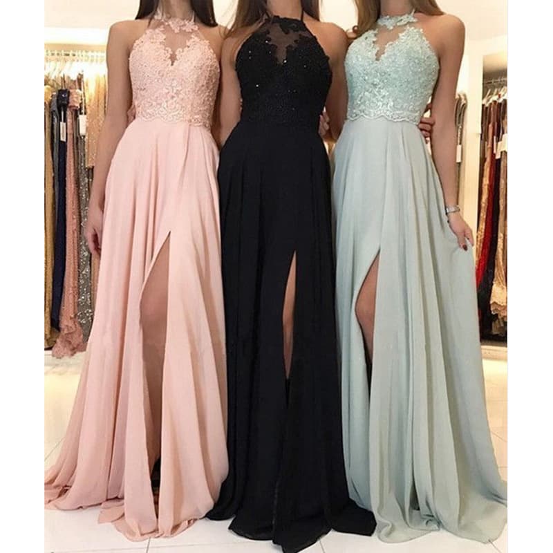 Women's Hot Style Halter Neck Lace Chiffon Dress Prom Evening Dress Slit Long Skirt