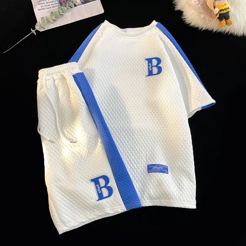 Men's Clothing Summer Color Matching Waffle Casual Sports Suit Men's Student Loose Short-sleeved Tops Shorts Two-piece Suit