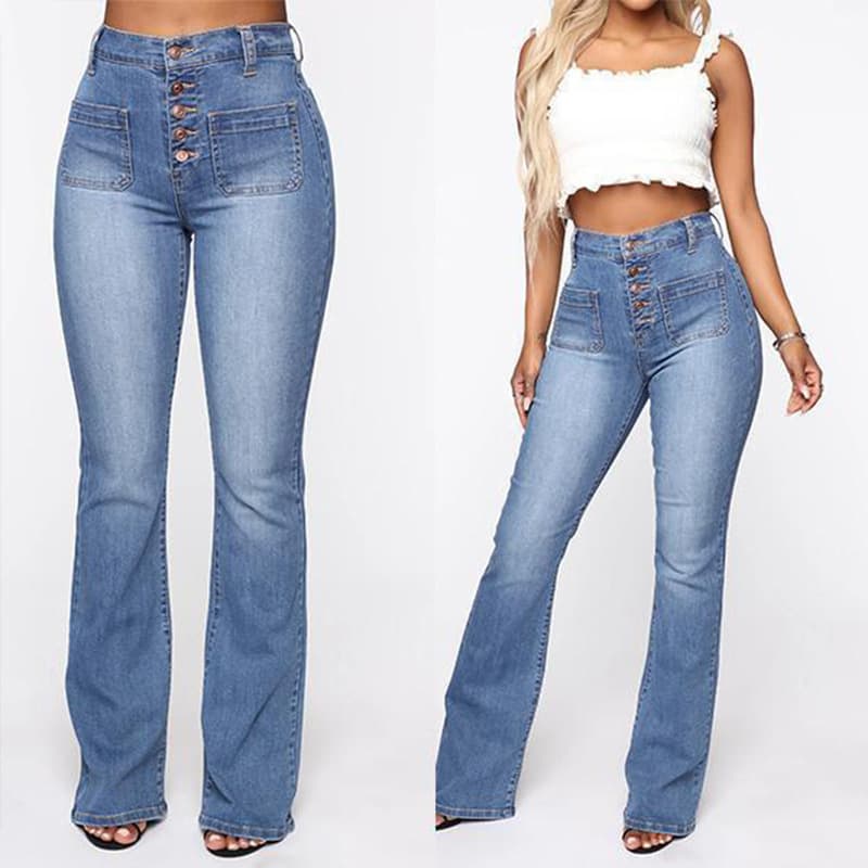 Women's clothing women's jeans with buttons and patch pockets washed trousers jeans