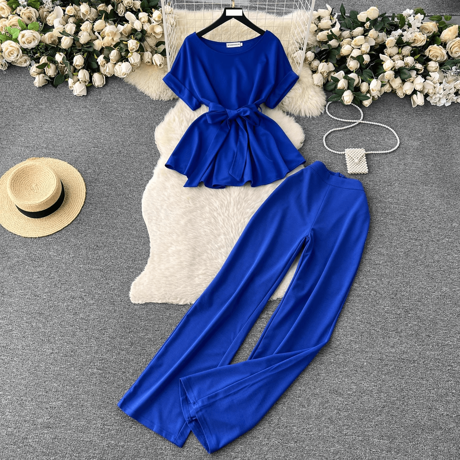 Women's Clothing retro fashion round neck short sleeved tie waist top two piece suit women's casual loose high waist wide leg trousers