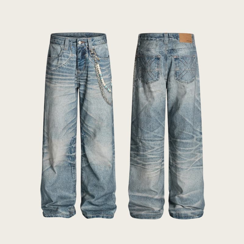 ​Men's Retro AC Style 3D Printed Chain Pendant Straight Leg Jeans - Vintage Streetwear Denim With Unique Graphic Print (Blue, S-XXL)​