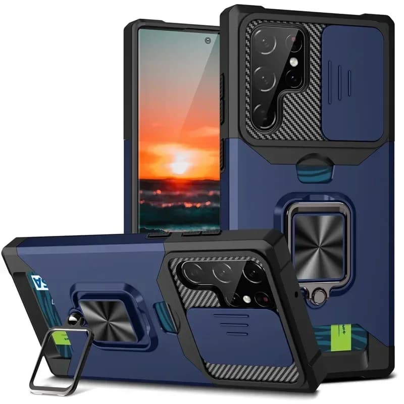 Coque antichoc Armor pour Samsung Galaxy S25 Ultra Plus S24FE A16 A06 A55, support d'anneau coulissant, objectif d'appareil photo, fente pour carte,
