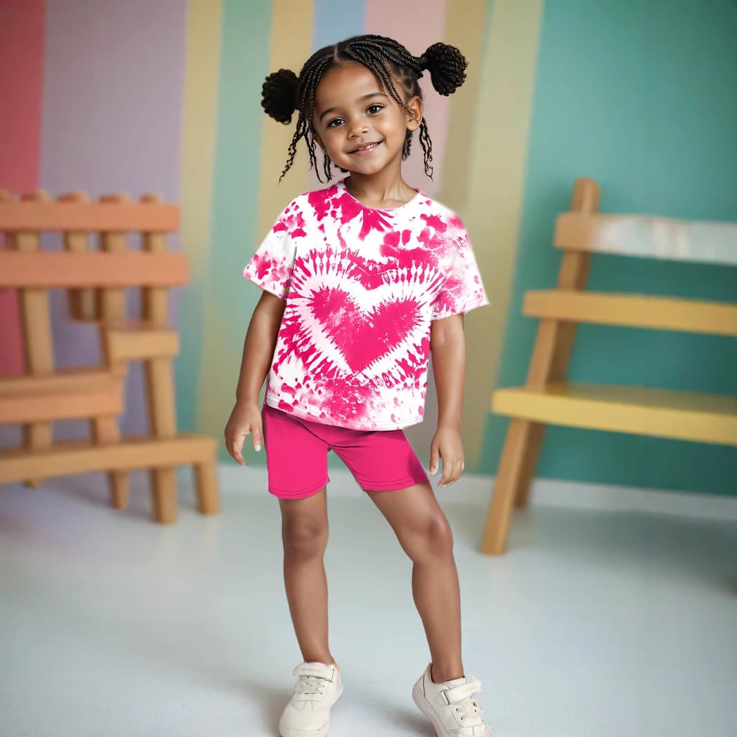 Mother & Kids INS Girls Summer Sportswear Heart Shaped Tie Dye Drop Shoulder Print T Shirt Short Sleeved Leggings Casual Suit