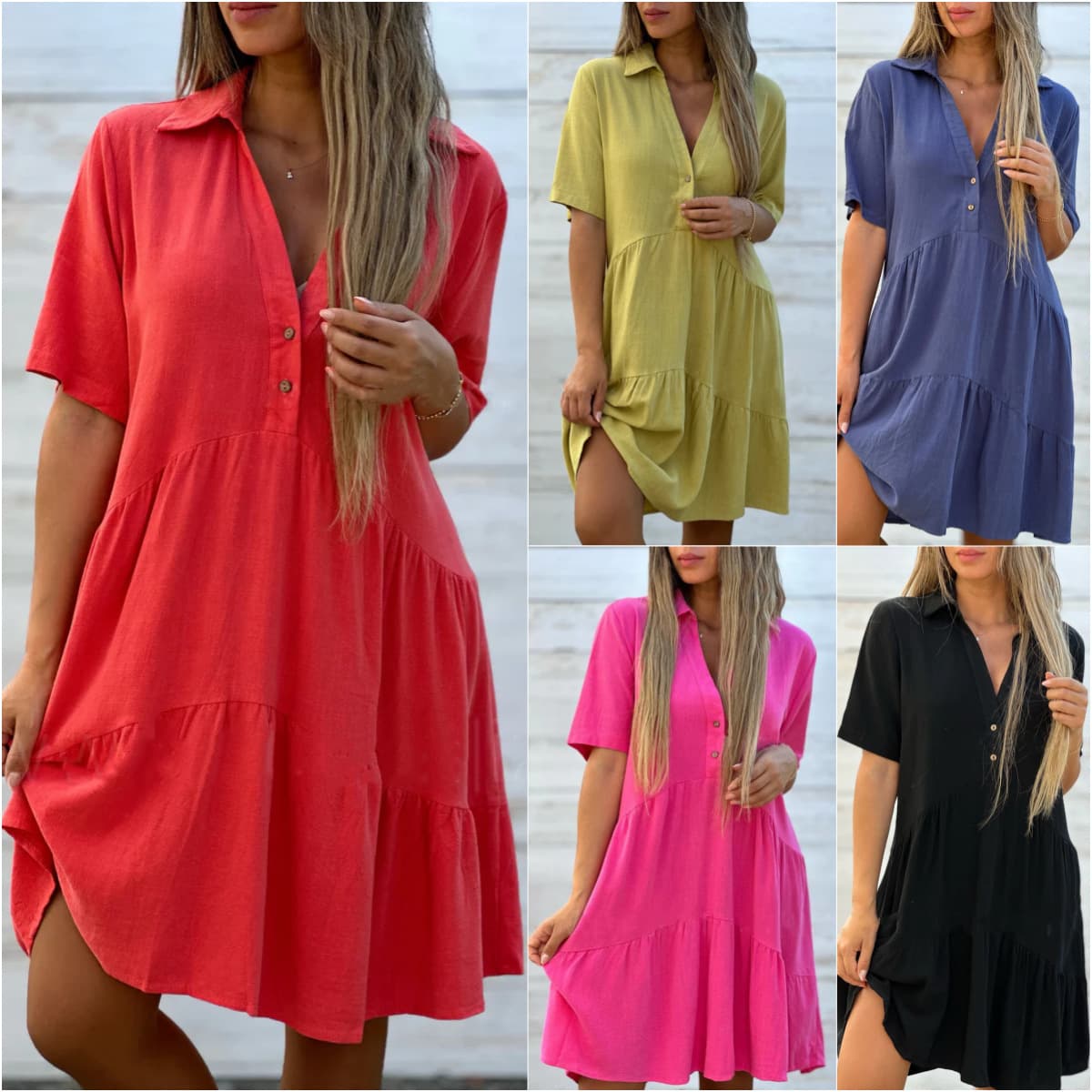 Women's Skirt Loose Solid Color Lapel Casual Short-sleeved Cotton And Linen Dress