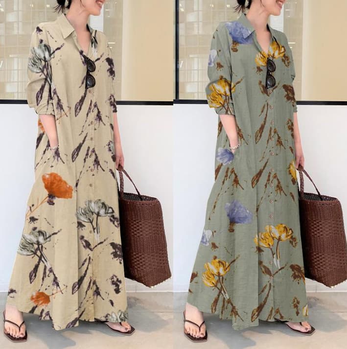 Women's Clothing Cotton And Linen Floral Lapel Long Sleeves Pockets Simple Loose Casual Long Cardigan Dress