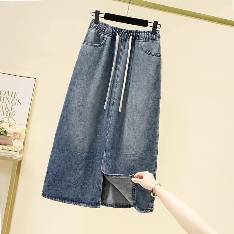 Women's clothing new large size drawstring elastic waist split denim skirt women spring and summer high waist slim a-line mid-length skirt