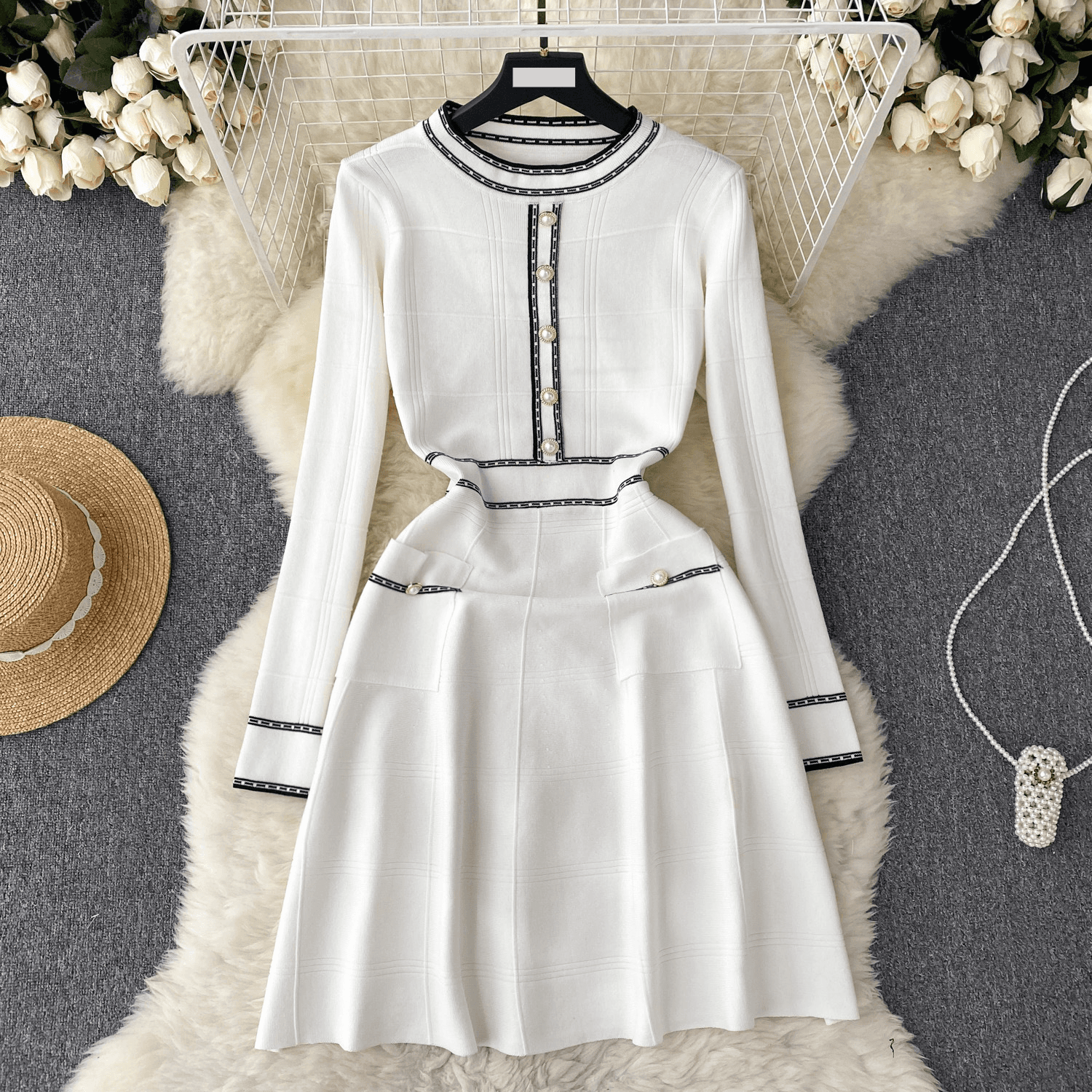 Women's Clothing Light luxury high end knitted dress for women in autumn and winter long sleeve waist design niche temperament lady dress