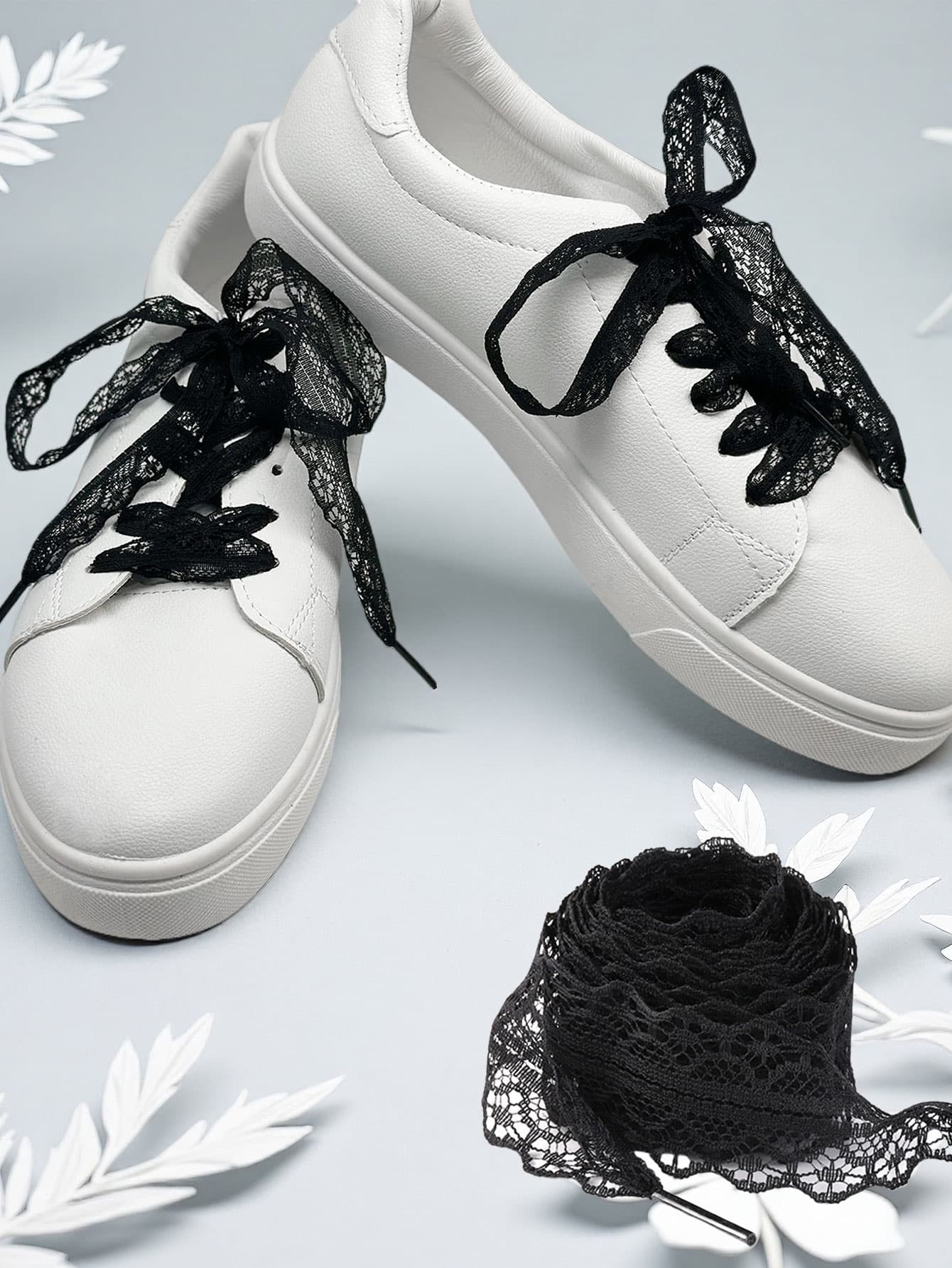 2 Pieces Lace Shoelaces, Ballet Style Cute Girl Accessory, Black And White Silk Lace Edged Shoelaces