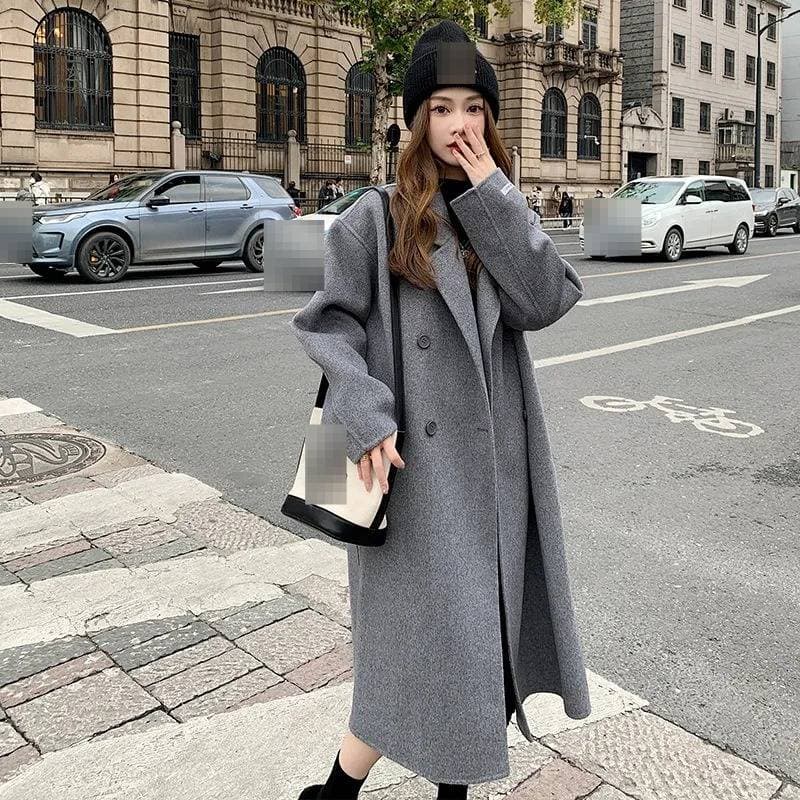 ​​Elegant Oversized Tweed Coat For Women – Korean-Inspired Double-Breated Mid-Length Jacket With 3D Texture