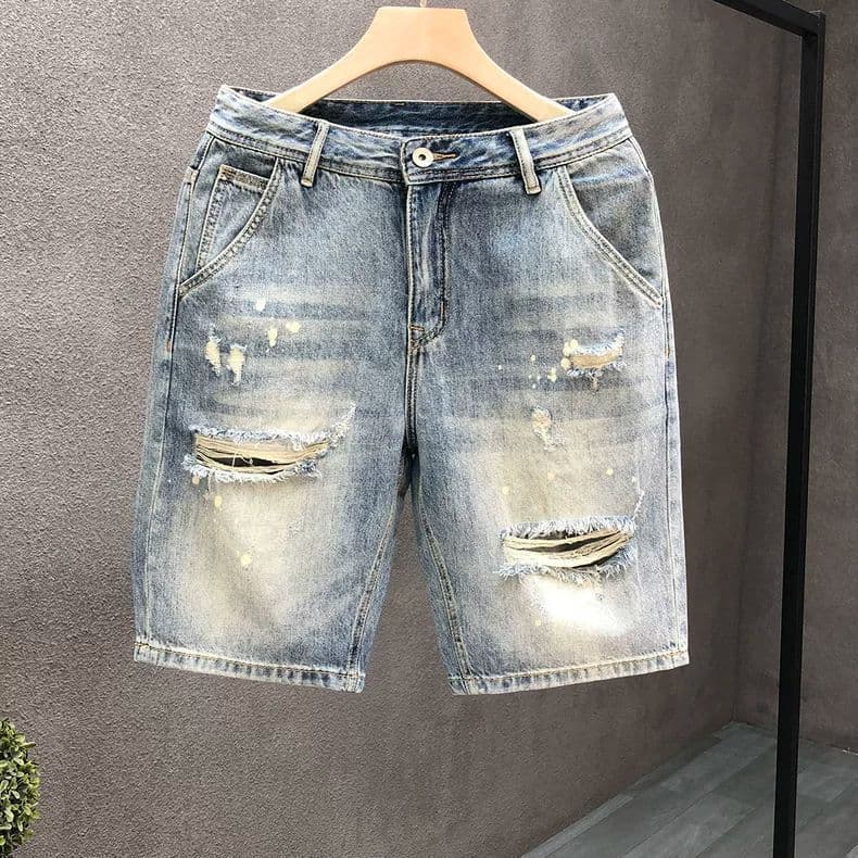 Men's High-End Ripped Denim Shorts Trendy Brand Thin Five Point Midweight Summer Style Loose Straight Leg mid Waist Pants