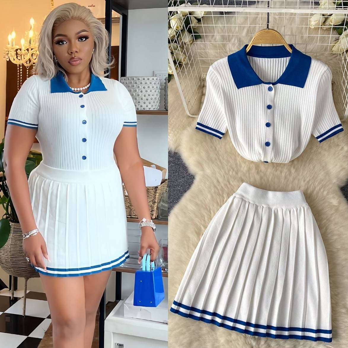 Women's Clothing Contrast Color Polo Collar Short Sleeved Shirt Top + High Waist Slim Pleated Skirt Two Piece Summer
