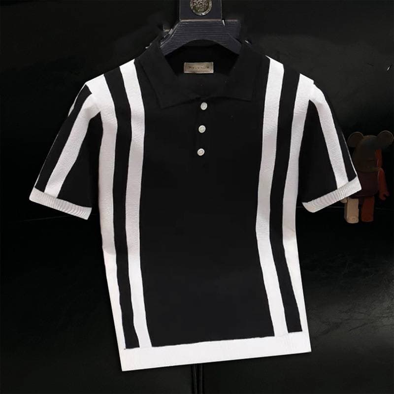 Men's Clothing Summer New High End Cool Silk Striped Short Sleeved Polo Shirt Men's Trendy Slim Casual Half Sleeved T Shirt