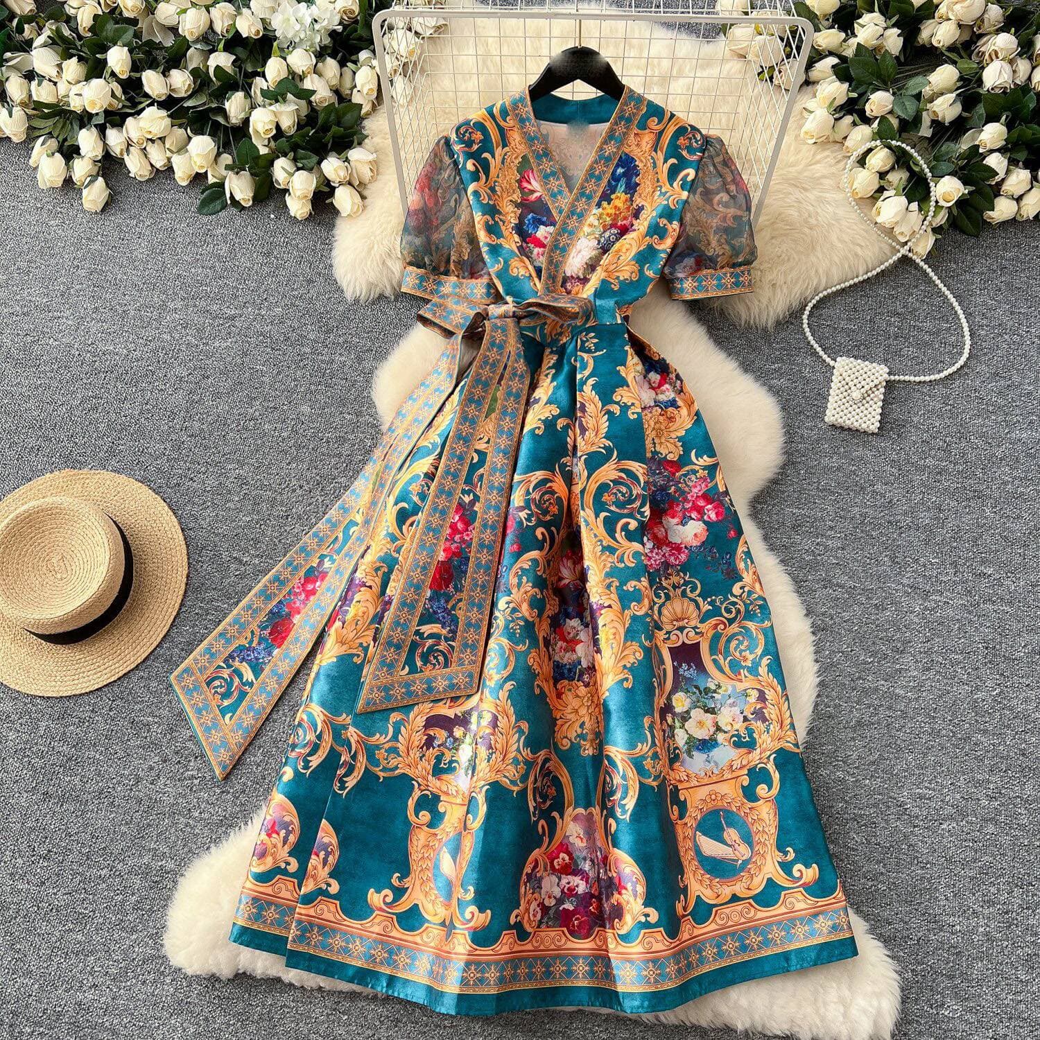 Women's Clothing Palace Style V Neck Tie Waist Mesh Puff Sleeves Printed Long Swing Dress