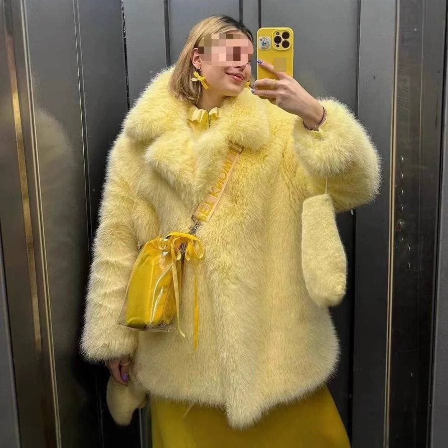 ​​Women's Thick Faux Fur Coat With Notched Collar, Mid-Length Fox Fur Style Jacket, Streetwear Fashion Outerwear For Winter​​