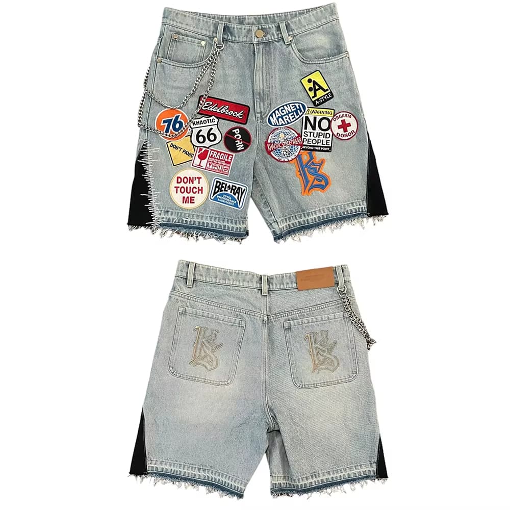 Summer 2027 American Patchwork Denim Shorts Y2K Jeans Men Hip Hop Cartoon Pattern Embroidery Retro Blue Loose Denim Fitness Casual Shorts