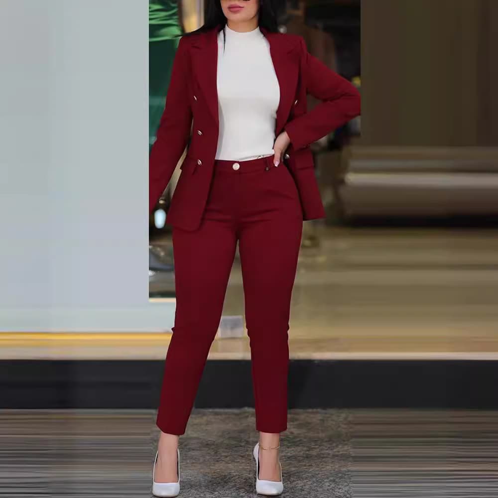 Women's Clothing Solid Color Slim Fit Casual Fashion Waist Double Breasted Two Piece Suit
