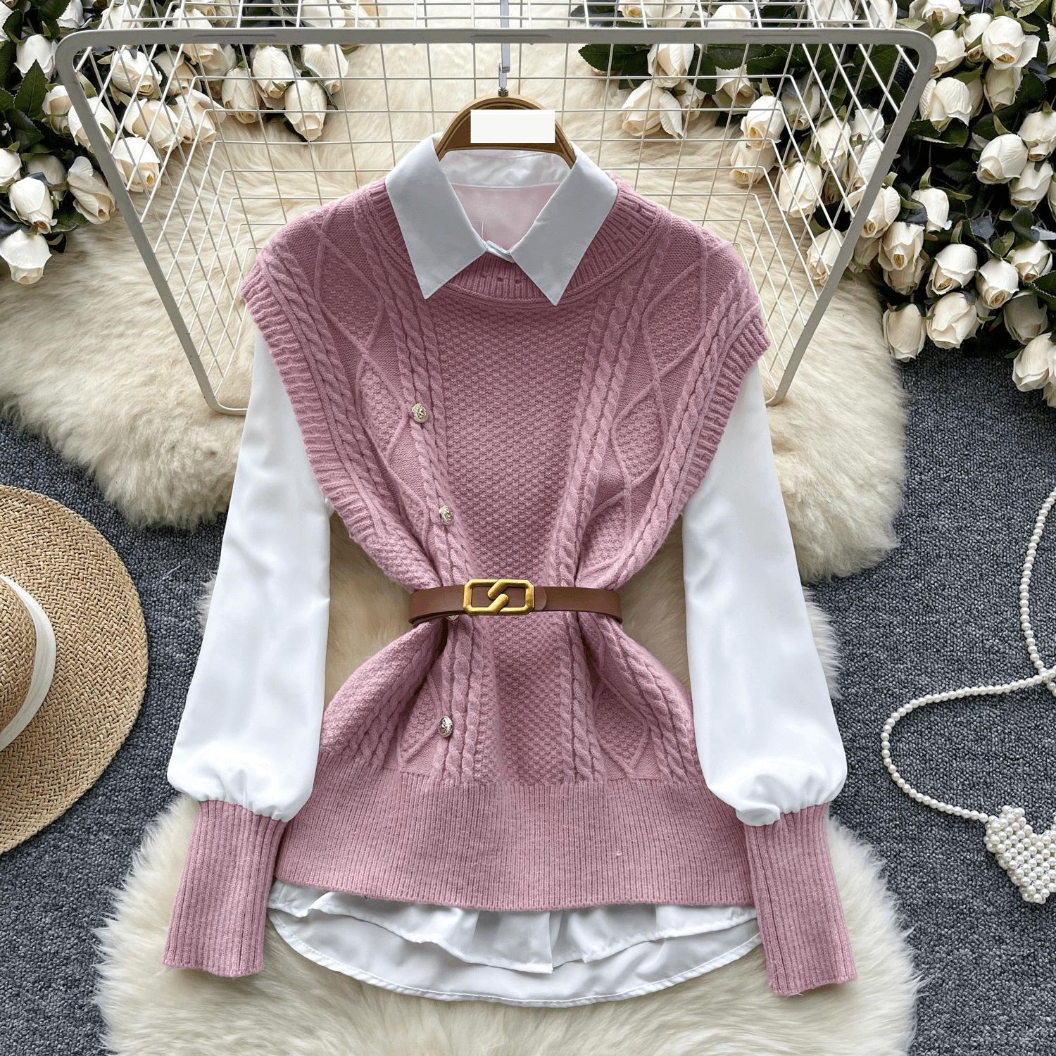 Women's Clothing vest women's autumn two piece suit fashionable and versatile sleeveless twisted knitted vest with long sleeved shirt inside