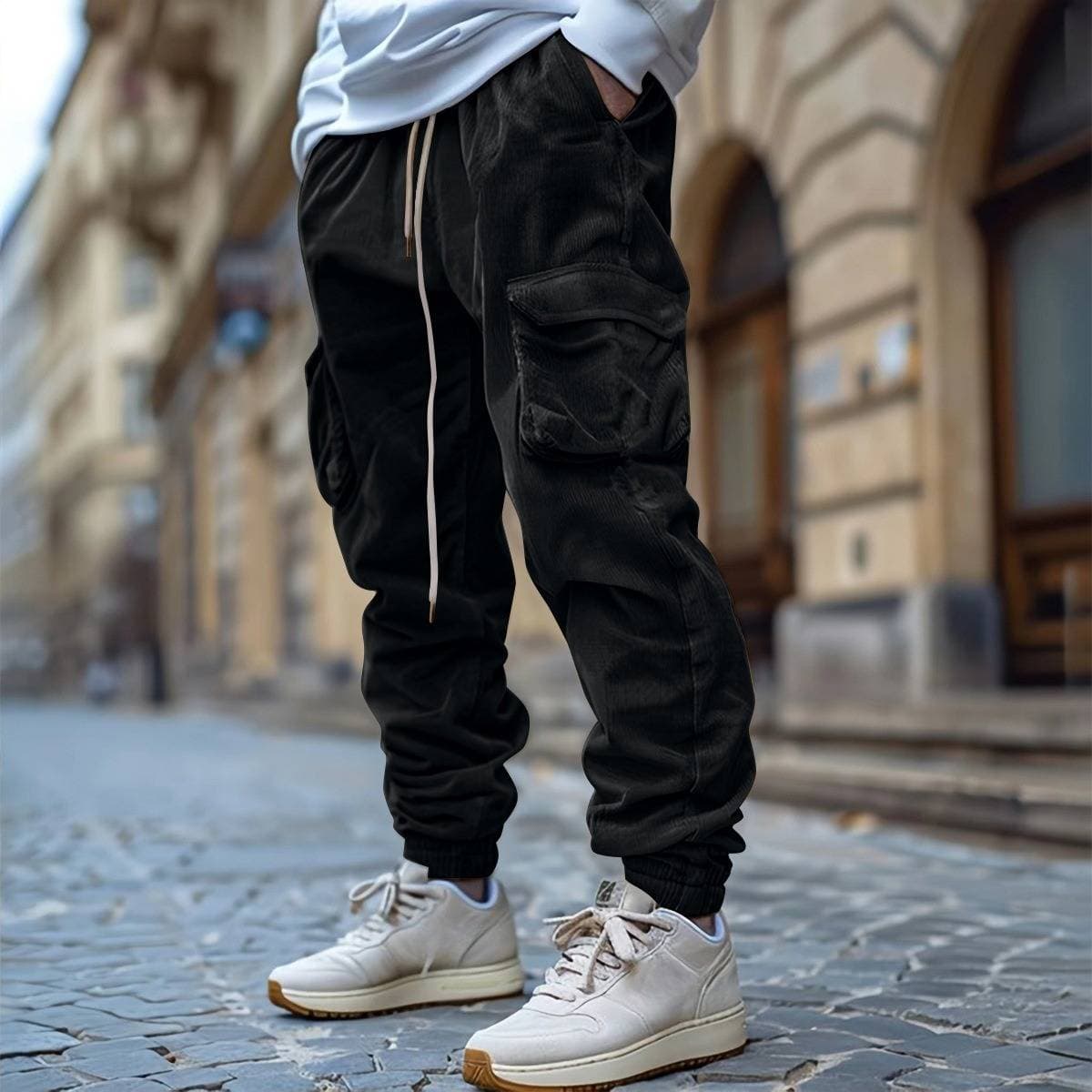 Men's Clothing Corduroy Casual Pants Men Autumn Retro Loose Workwear Pocket Hem Elastic Windproof Design Trousers