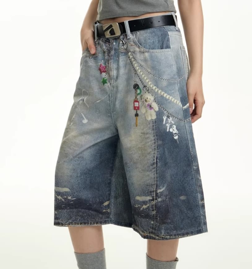 [StreetCanvas] Men's Printed Cargo Jeans - Drop-Crotch Wide Leg | Artistic Detachable Accessories (7/8 Length)