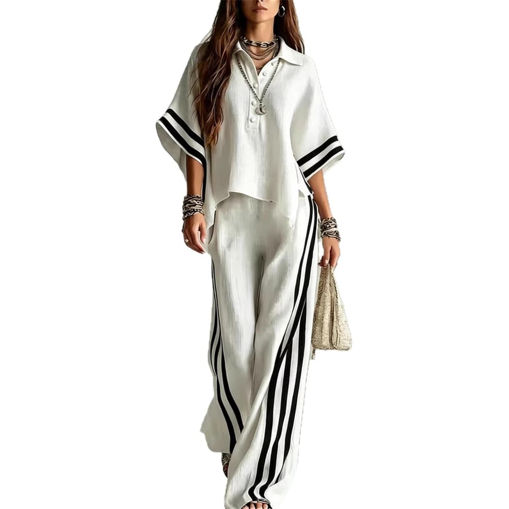2027 Summer Fashion European-USA Style Women Lapel Half Button Short Sleeve Shirt +Elastic Waist Pants Striped Two-Piece Casual Sets S-5XL