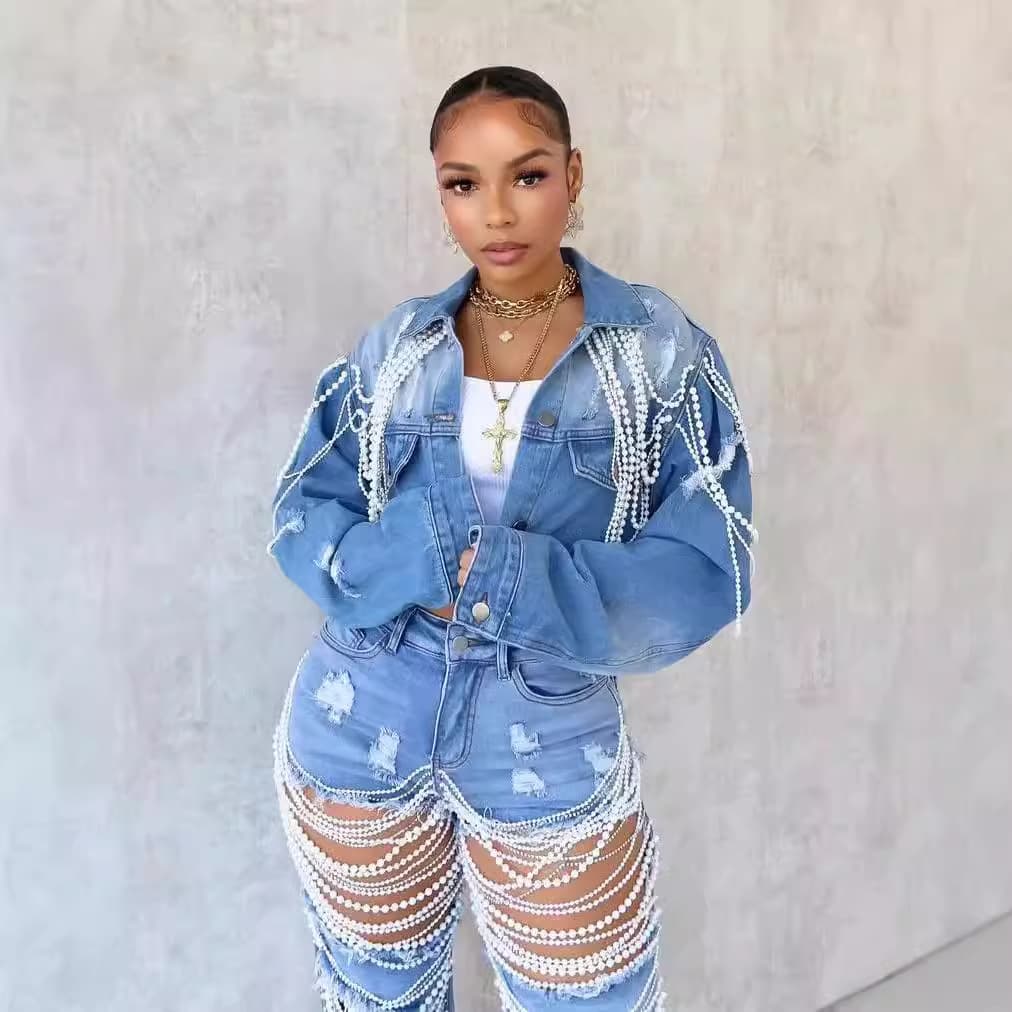 Women's Clothing Denim Jacket Women's Fashion Pearl Chain Handmade Beaded Denim Jacket
