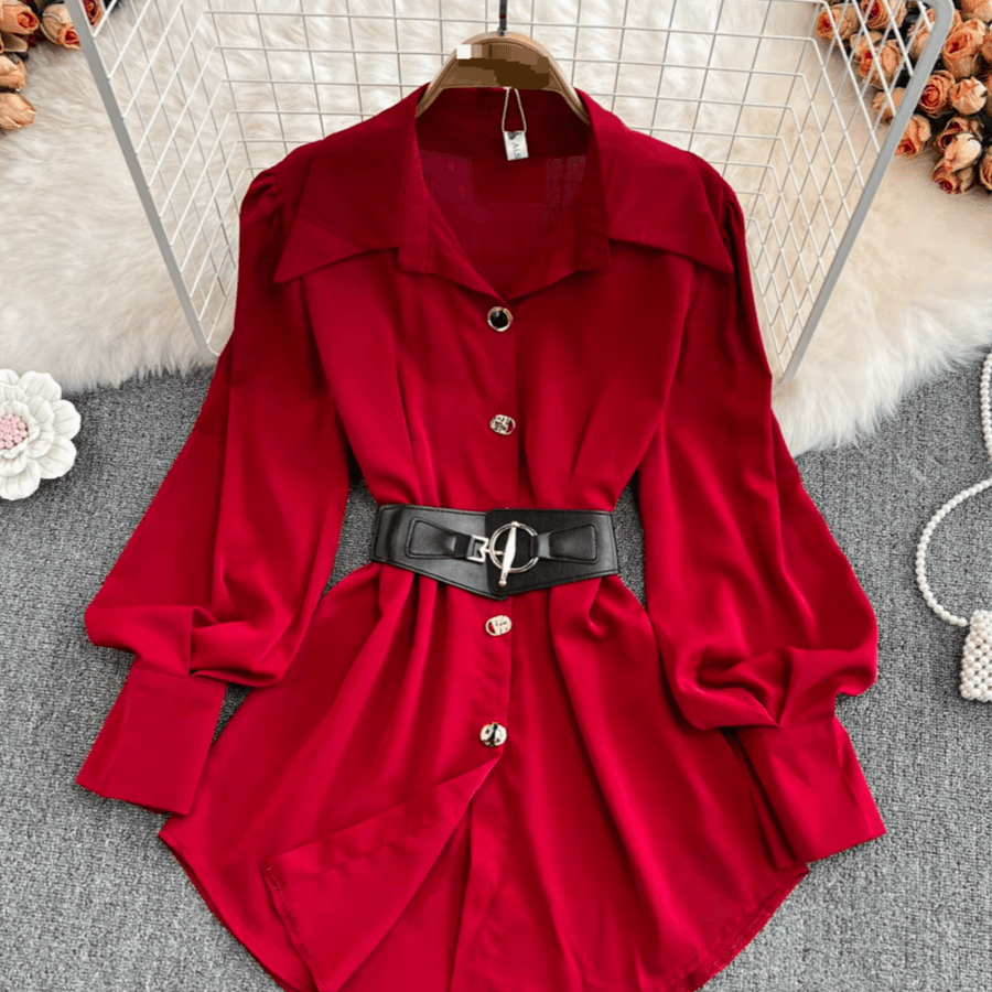 Women's Clothing Spring Retro Style Temperament Waist Slimming Pleated Long Sleeve Shirt Short Skirt