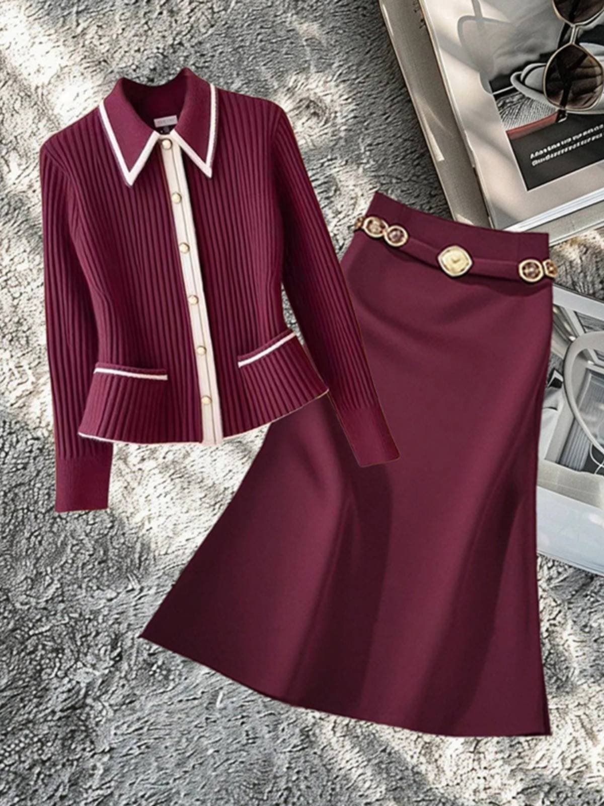 Light luxury and unique v-neck knitted sweater women's new super good-looking top and skirt two-piece set