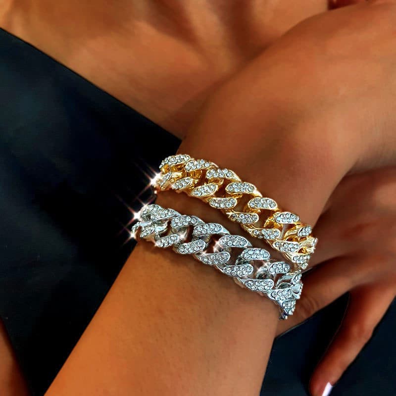 Alloy diamond set European and American fashion trend Cuban bracelet niche retro hip hop style full of diamond lovers hand jewelry