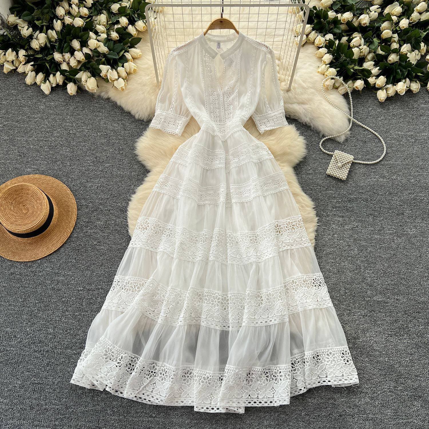 Women's Clothing retro palace style dress slim waist and elegant puff sleeves lace stitching and long swing dress