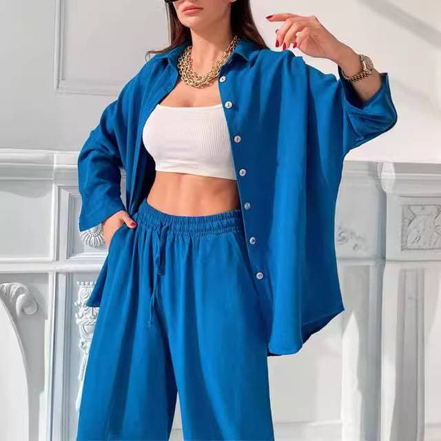 [Cotton Linen] Fashion Casual Suit Solid Color Lapel Long-sleeved Shirt Top Harem Pants Two-piece Suit