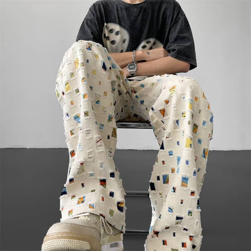 Men's Clothing 25 New Hollow Plaid Pants Hole Casual Trousers
