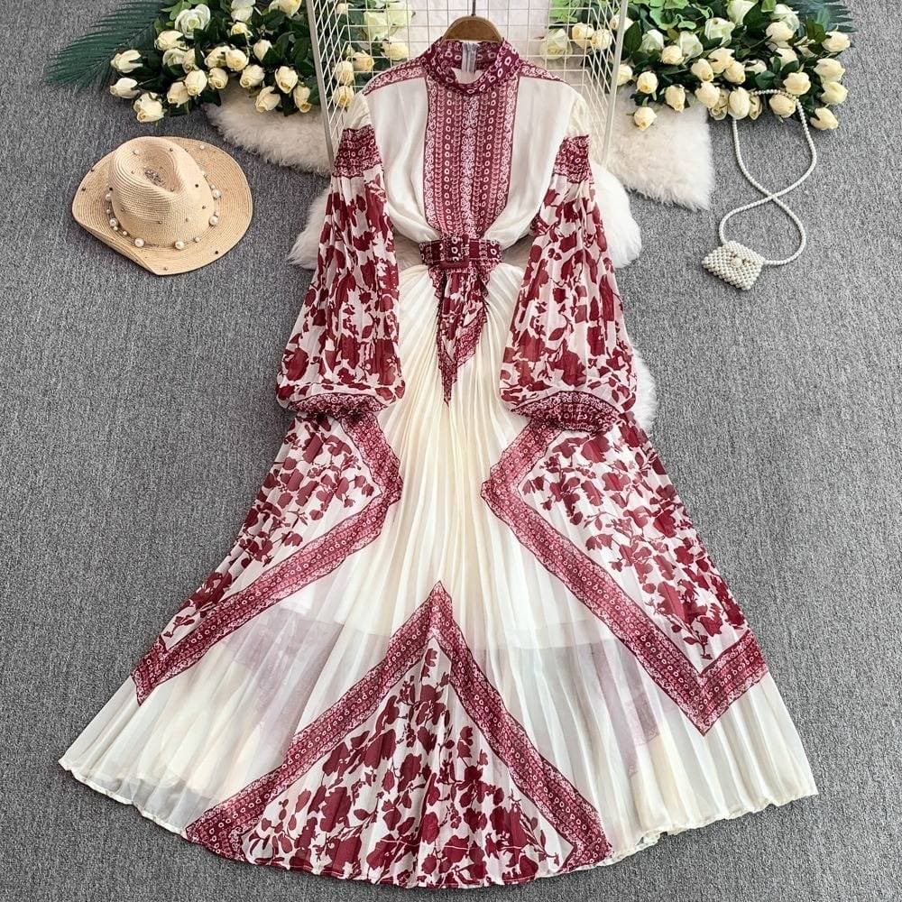 Women's Clothing Retro Temperament Printed Stand Collar Lantern Sleeve Dress Summer New Waist Slim Pleated Long Skirt