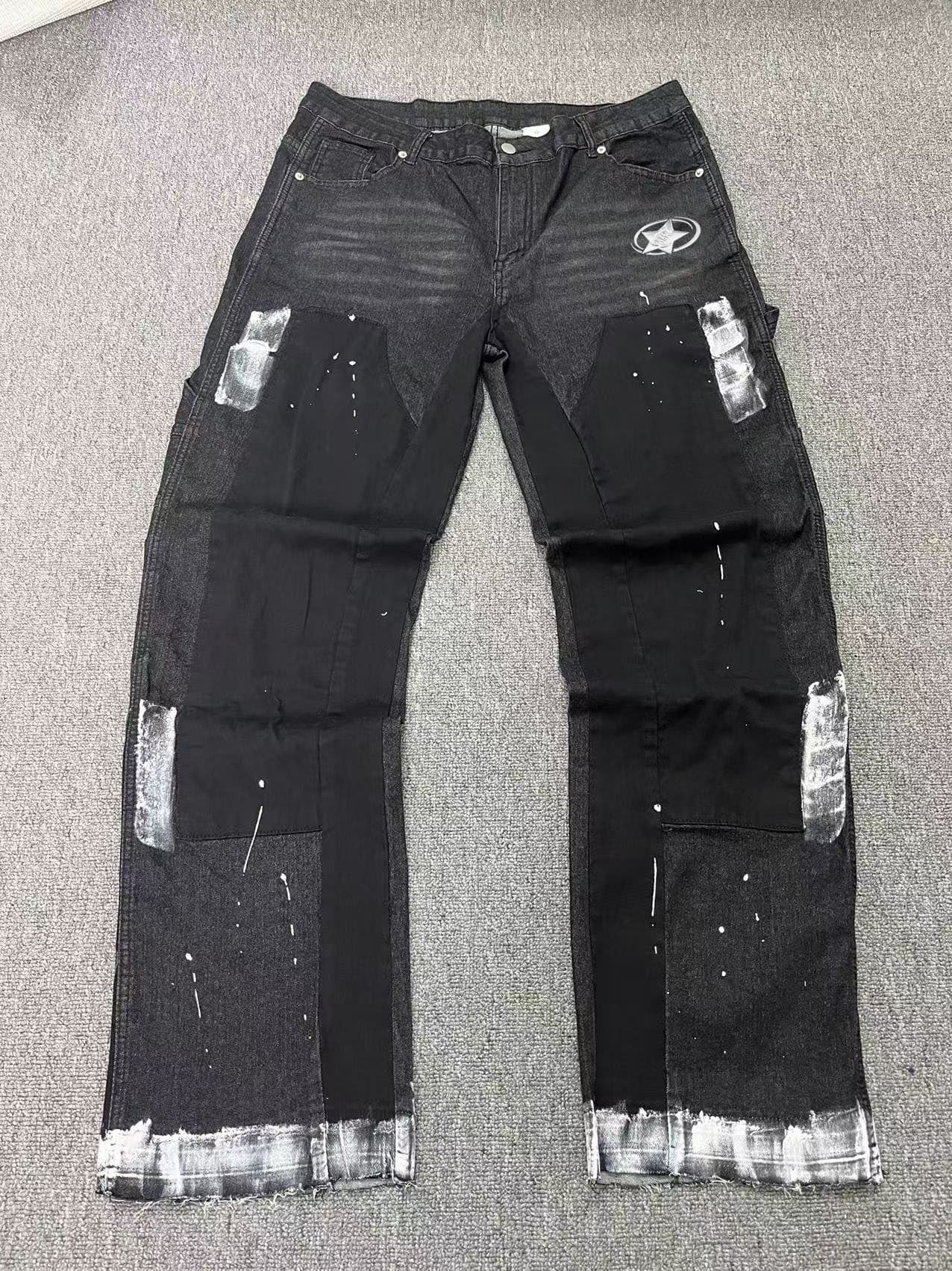 Men's Y2K Distressed Denim Jeans - Star Print Paint Splatter & Foil Design, Straight Leg Retro Streetwear