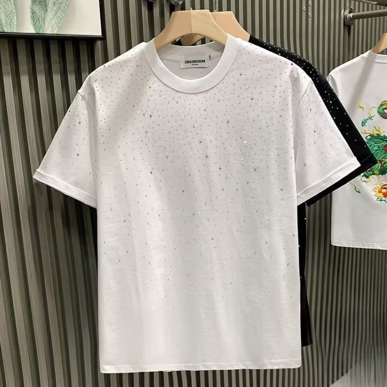 Men's Trendy Short Sleeve T-Shirt With Star Rhinestone Design – Lightweight & Breathable Poly-Cotton Blend For Summer