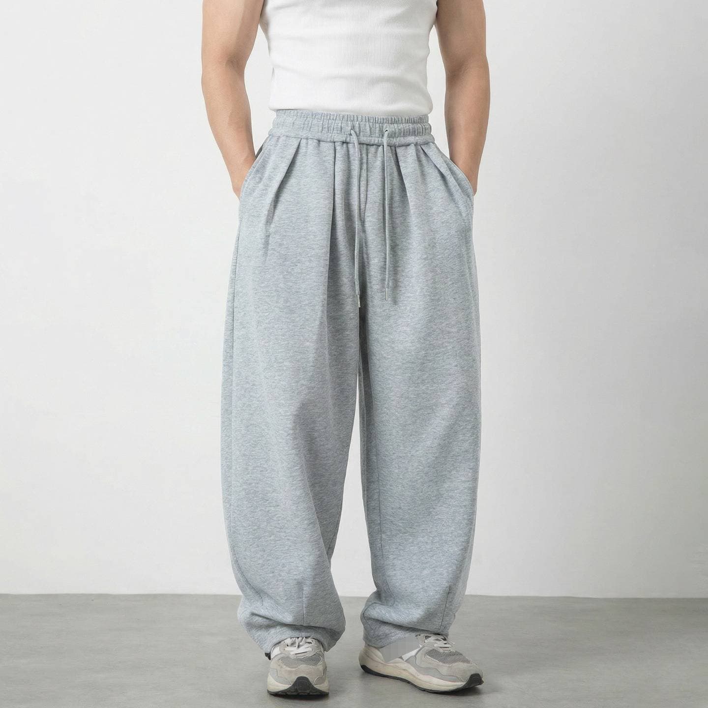 ​​Men's Adjustable Cuff Baggy Jogger Pants - High Street Casual Trousers With Pleats, Spring Loose Fit Sweatpants (Black/Gray)​​
