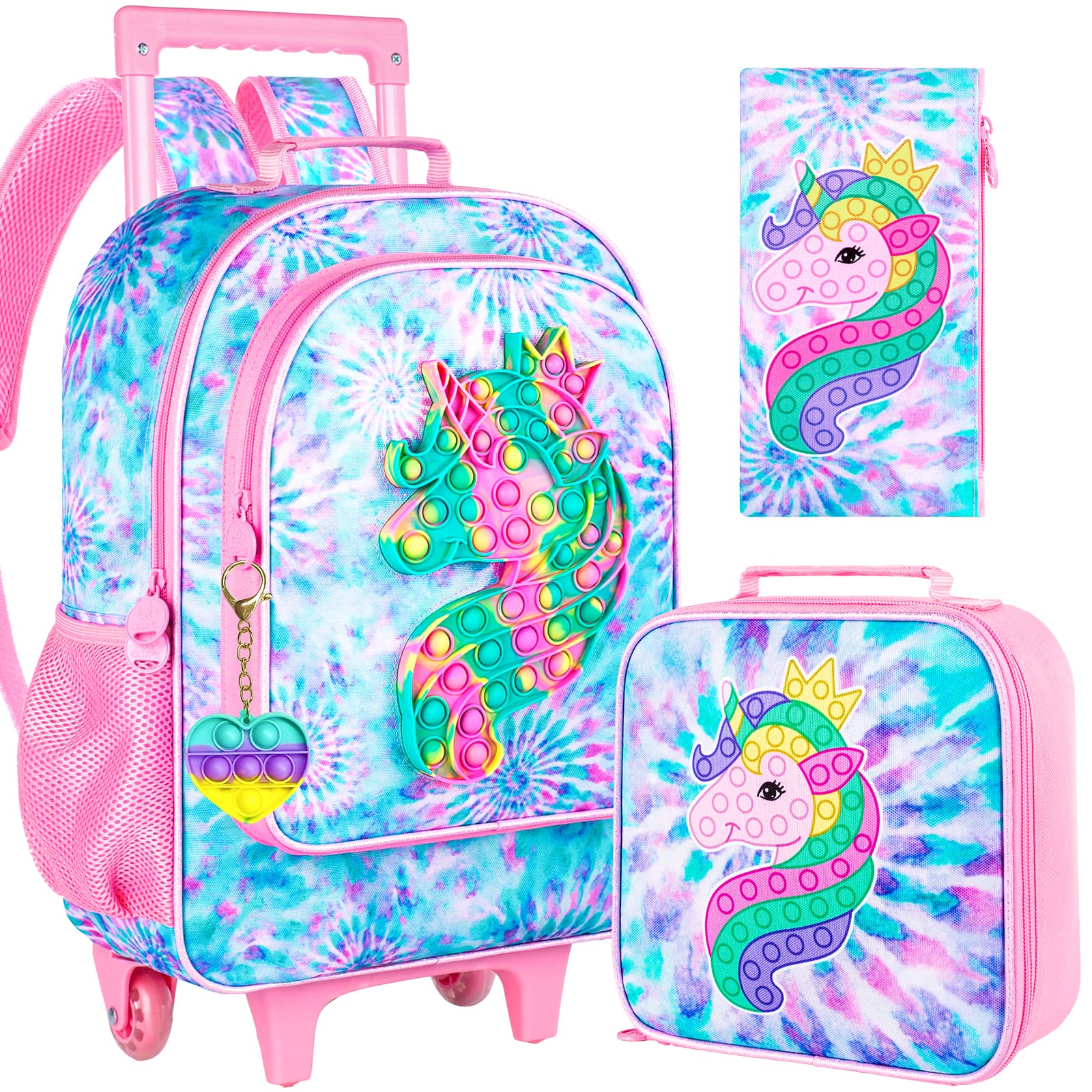 4PCS Rolling Backpack Girls,Kids Unicorn Backpacks Roller Wheels, Wheeled Bookbag With Lunch Box For Toddler Elementary