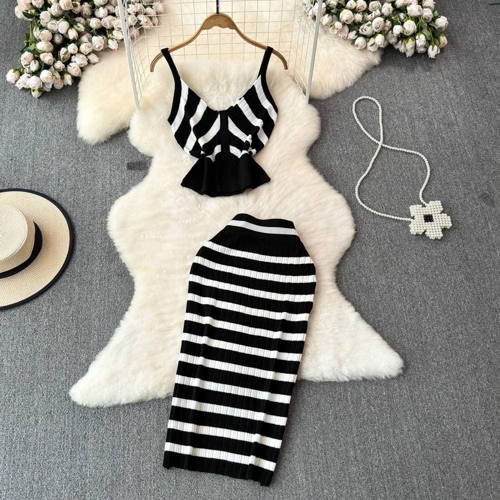 Women's Clothing all match contrast color striped ice silk knitted suit