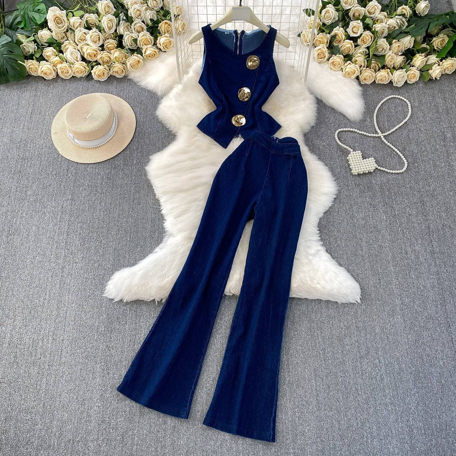 ​​Stylish Denim Vest & Wide-Leg Pants Set – Metal Button Sleeveless Top With High-Waisted Trousers​​
