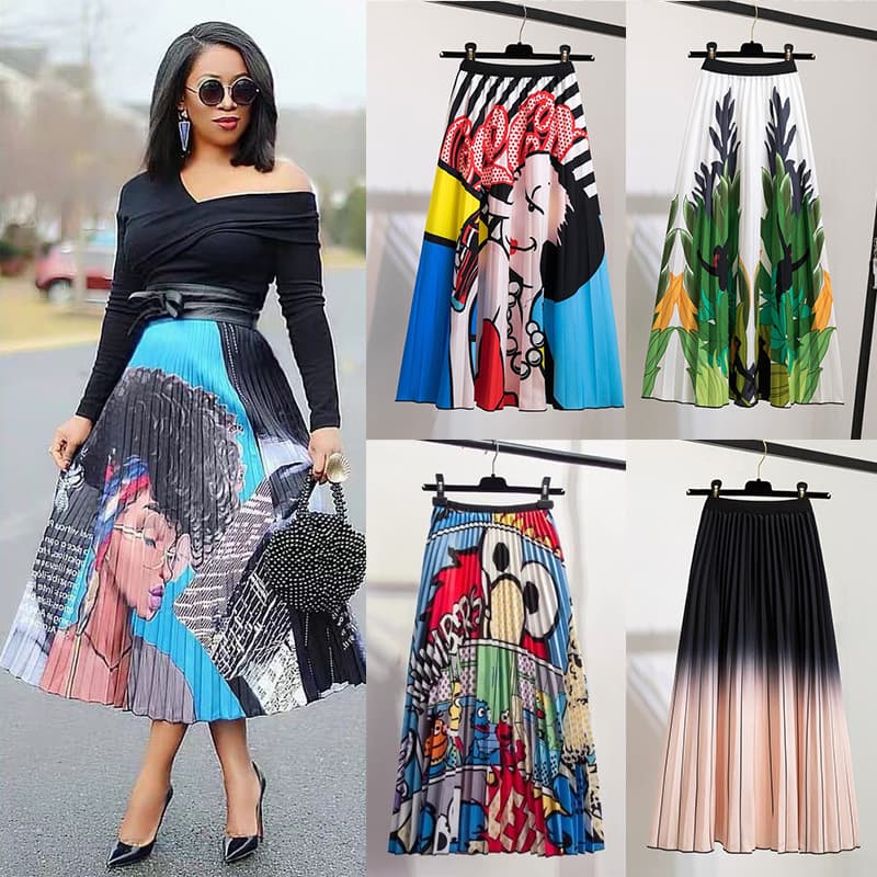 Women's animal print elastic pleated skirt women's long A-line skirt
