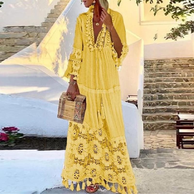 Women’s Clothing Spring and Summer New Bohemian Style Lace Tassel Stitching Beach Holiday Elegant Long Dress Dress