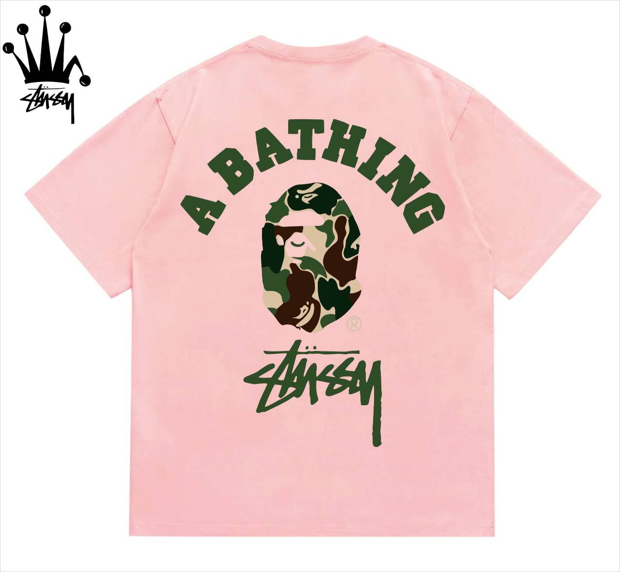 Stussy&Ape Co Branded Camo Logo Letter Camo Ape Pattern Printed Cotton Short Sleeved T-shirt For Men And Women