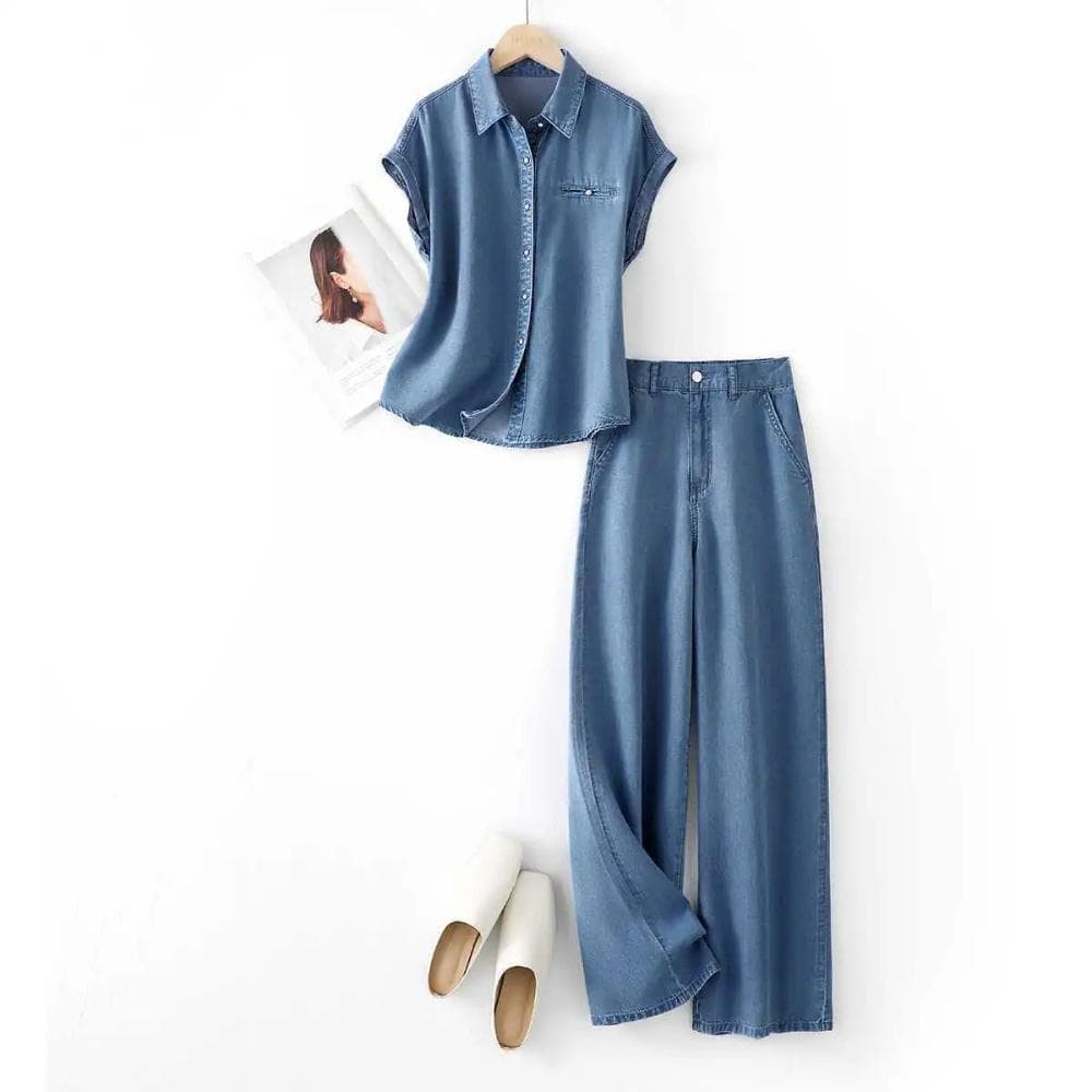 Women's Clothing Tencel Shirt Jeans Two Piece Suit Short Sleeved Trousers