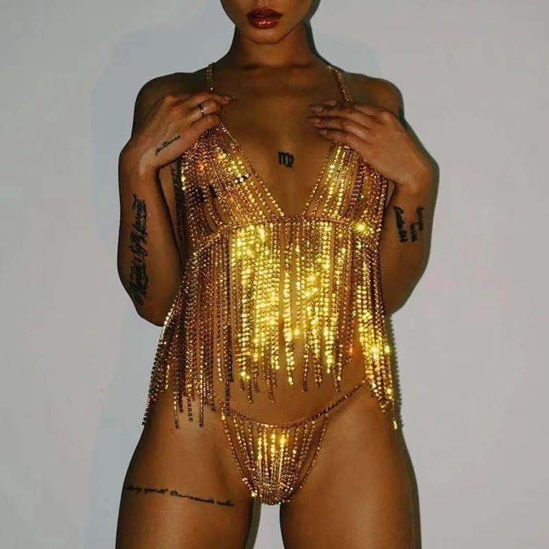 Sexy ladies full set of rhinestone bra body chain jewelry temperament crystal hollow thin straps adjustable T string underwear for women